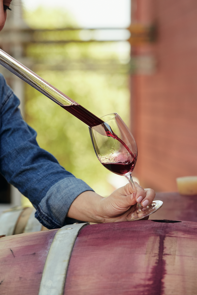 Winemaker using a wine thief in a barrel